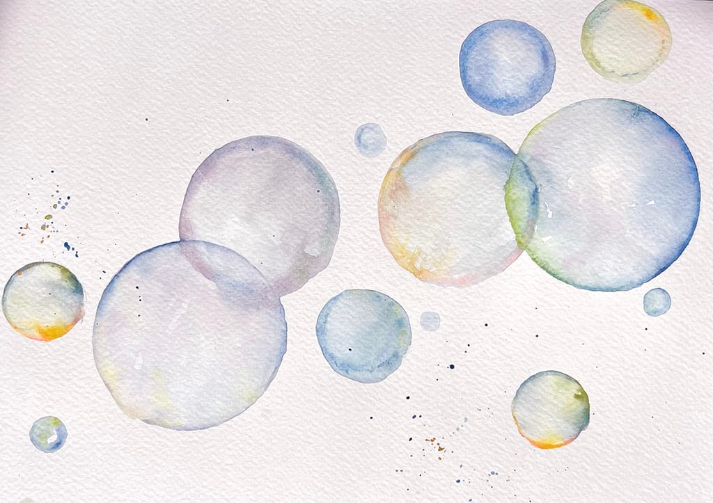 A watercolor painting of bubbles on a white background.